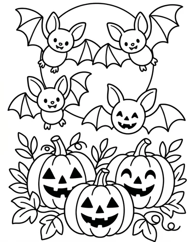 Bats flying with a full moon above three smiling jack-o'-lanterns, classic free printable Halloween coloring page for kids