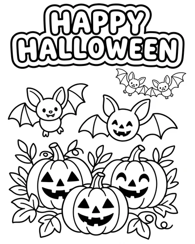 Kawaii bats and jack-o'-lanterns beneath the title HAPPY HALLOWEEN in bubble letters, festive printable Halloween coloring page