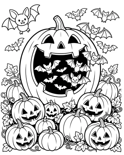 Giant jack-o'-lantern releasing a swarm of bats from its open mouth above a pile of pumpkins, free printable Halloween coloring page