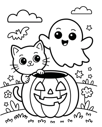 Cute cat and ghost peeking out from behind a smiling jack-o'-lantern in an outdoor scene, free printable Halloween coloring page