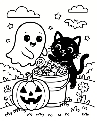 Black cat and a ghost sharing a bucket of candy beside a smiling jack-o'-lantern in the grass, printable Halloween coloring page