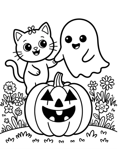 Cute cat and a friendly ghost behind a smiling jack-o'-lantern in a field of flowers, printable Halloween coloring page for kids