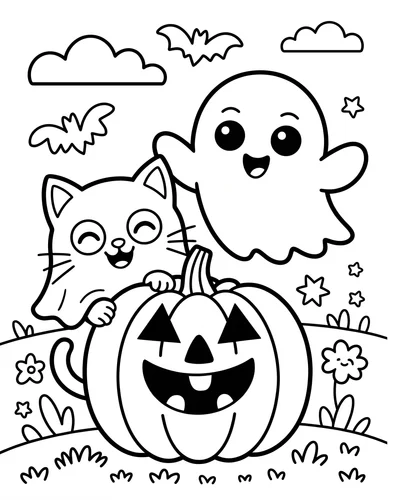 Cute cat and ghost behind a smiling jack-o'-lantern with bats and clouds above, free printable Halloween coloring page for kids