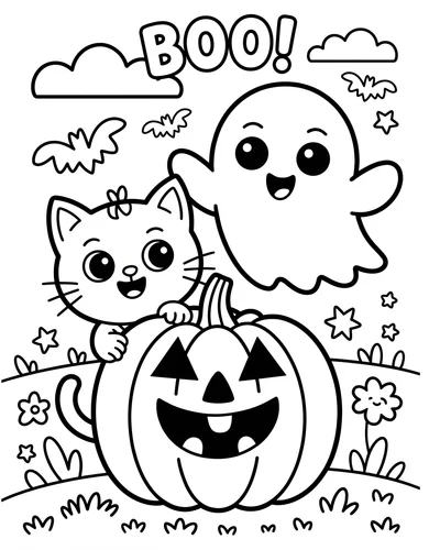 Cute cat and ghost behind a grinning jack-o'-lantern in a grassy field under the title BOO in bubble letters, Halloween coloring page