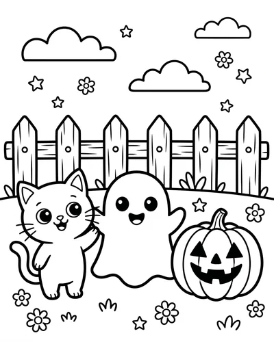 Cute cat, a ghost and a jack-o'-lantern lined up together by a picket fence with clouds behind, Halloween coloring page to print