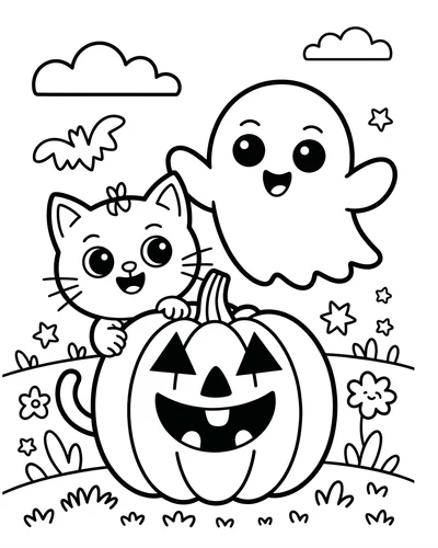 Cute cat and a smiling ghost beside a jack-o'-lantern in a grassy meadow with clouds above, free printable Halloween coloring page