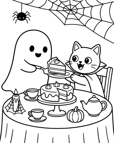 Cute cat serving a slice of pumpkin cake to an excited ghost at a candlelit tea table, printable Halloween coloring page