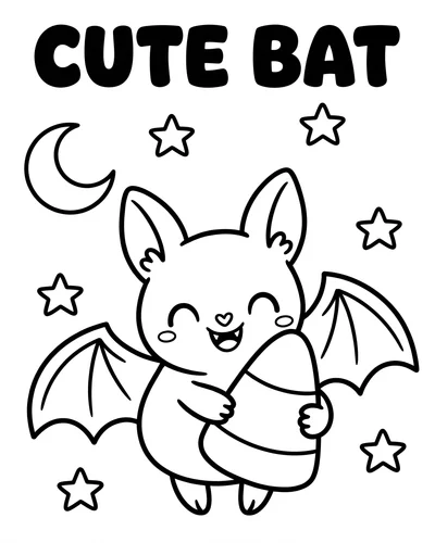Adorable bat hugging a piece of candy corn under the bold title CUTE BAT in bubble letters, stars and a moon around, Halloween coloring page