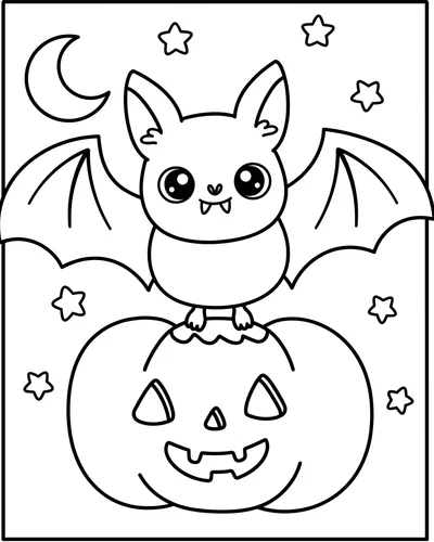 Friendly cartoon bat with wings spread perched on a smiling jack-o'-lantern under a crescent moon, free printable Halloween coloring page