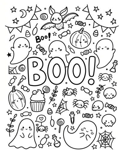 Halloween doodle collage centered on a big BOO in bubble letters surrounded by cute ghosts, bats, spiders and treats, printable coloring page