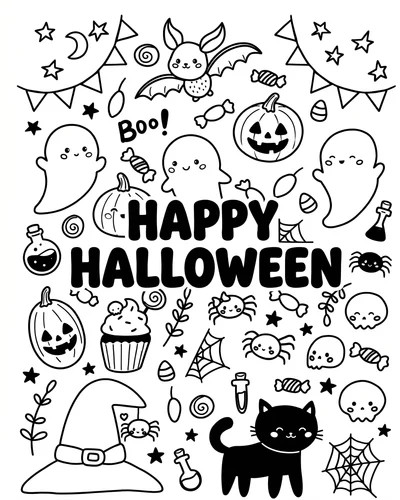 Spooky-cute doodle sheet of ghosts, cats and spiders beneath the title HAPPY HALLOWEEN in bubble letters, printable coloring page