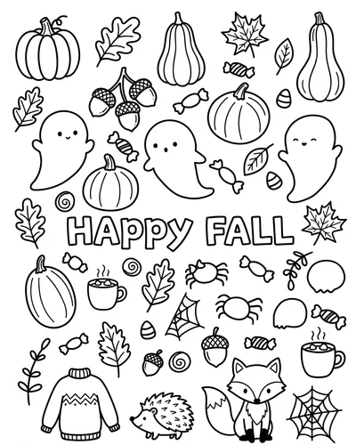 Cozy autumn doodle sheet with pumpkins, leaves, acorns, ghosts and a fox under the title HAPPY FALL in bubble letters, coloring page