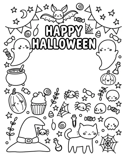 Doodle frame with a border of cute icons around the title HAPPY HALLOWEEN in bubble letters, ghosts, cat, witch hat and cauldron, coloring page