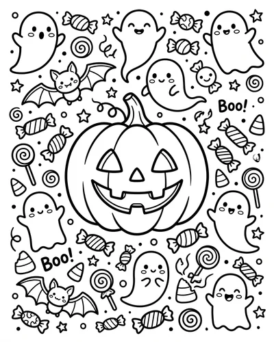 Doodle page with a large central jack-o'-lantern surrounded by small cute ghosts, bats and candy, free printable Halloween coloring page