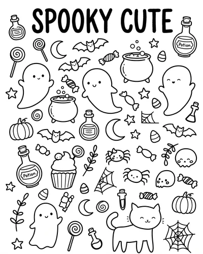 Kawaii Halloween doodle sheet with ghosts, cauldrons, potions, candy and a cat under the title SPOOKY CUTE in bubble letters, coloring page