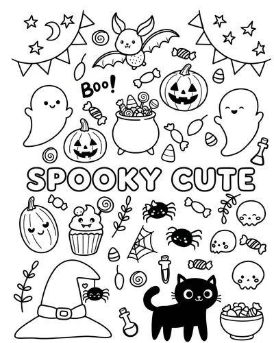 Cute doodle sheet with a cauldron, candy and a black cat beneath the title SPOOKY CUTE in bubble letters, free printable Halloween coloring page