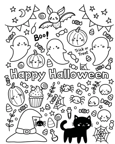 Kawaii Halloween doodle sheet with the title Happy Halloween and a Trick or Treat label among candy and characters, coloring page to print