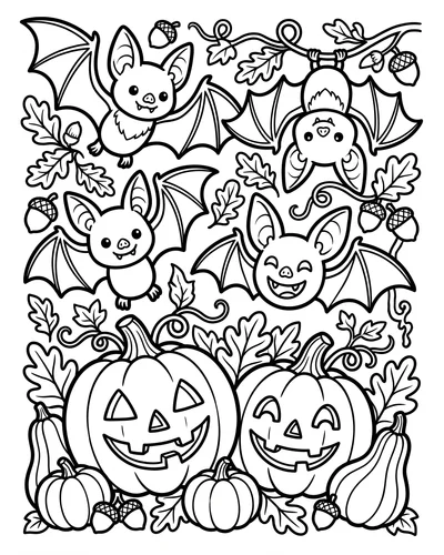 Four cute bats with acorns and oak leaves flying above two jack-o'-lanterns, autumn Halloween coloring page to print