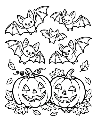 Four flying bats of different sizes fluttering above two grinning jack-o'-lanterns and scattered leaves, free printable Halloween coloring page