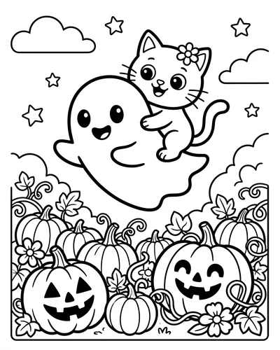 Floating ghost giving a cute cat a piggyback ride over a pumpkin patch under stars, playful free printable Halloween coloring page