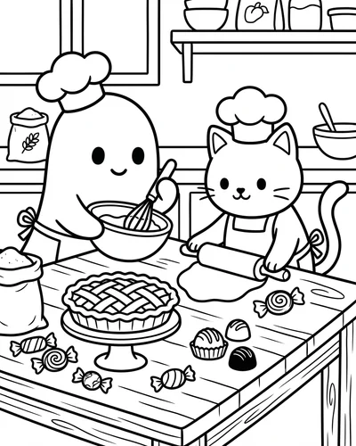 Cute ghost and cat baking together with a pie on the counter and candy scattered around, free printable Halloween coloring page