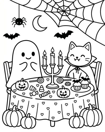 Cute ghost and cat seated for a candlelit dinner with pumpkins, sweets, bats and a moon, printable Halloween coloring page