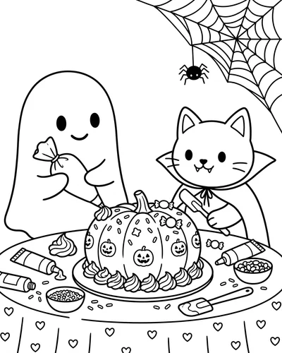 Cute ghost and cat decorating a pumpkin cake with frosting and sprinkles beside a cobweb, Halloween coloring page to print