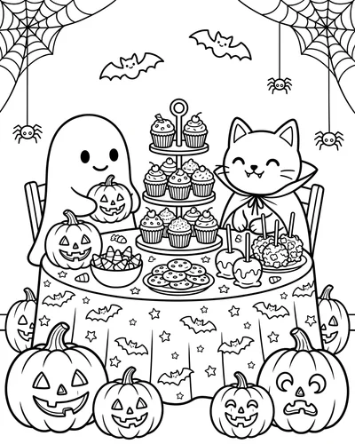 Cute ghost and cat surrounded by a cupcake tower, candy apple, bats and jack-o'-lanterns at a festive table, Halloween coloring page
