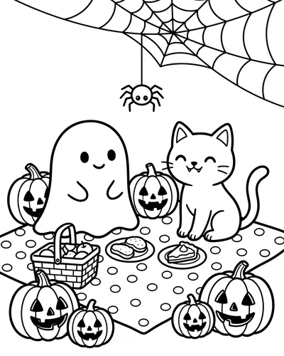 Cute ghost and cat having a picnic with pumpkins on a polka-dot blanket and a spider dangling above, Halloween coloring page to print