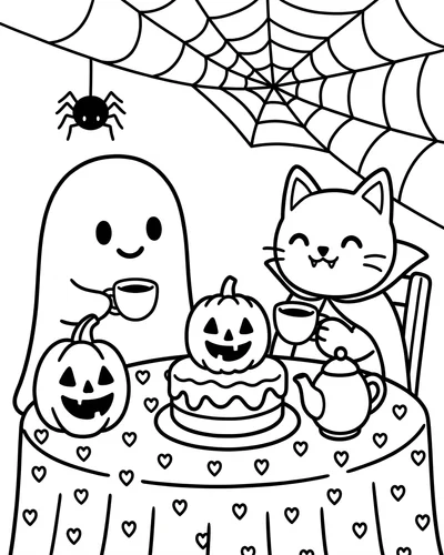 Cozy tea party with a smiling ghost and a cat sharing a table topped with a pumpkin cake and jack-o'-lanterns, Halloween coloring page