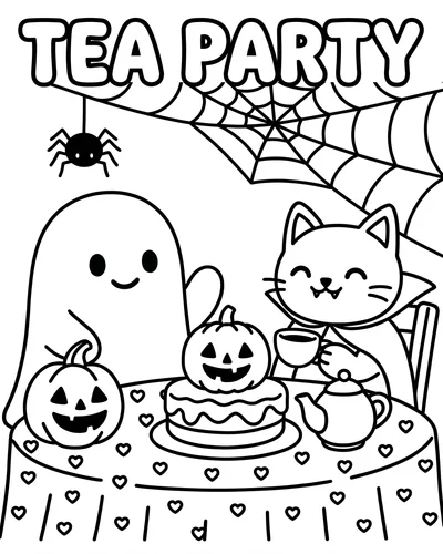 Cute ghost and cat at a tea party with a pumpkin cake beneath the title TEA PARTY in bubble letters, Halloween coloring page to print