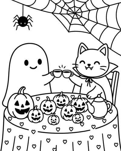Cute ghost and cat toasting tiny teacups over a row of little jack-o'-lanterns, festive free printable Halloween coloring page