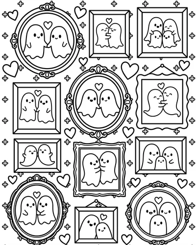 Wall of round and square frames holding cute ghost pairs with hearts floating between them, sweet printable Halloween coloring page