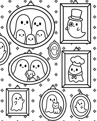 Vintage gallery of ghosts in oval and rectangular frames including a top-hat ghost, chef ghost and ghost with a pet, Halloween coloring page