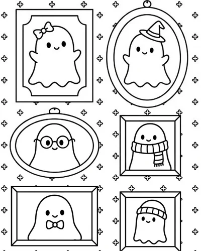 Six framed ghost portraits each wearing a different accessory, bow, witch hat, glasses, scarf and beanie, free printable Halloween coloring page