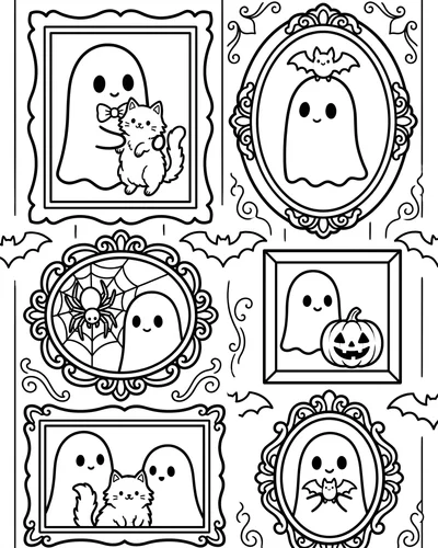 Framed ghosts each shown with a pet, a cat, a bat, a spider and a jack-o'-lantern, free printable Halloween coloring page