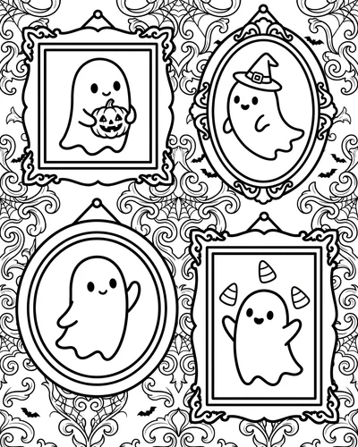 Ornate hanging frames each containing a smiling cute ghost in a different pose with a pumpkin and witch hat, Halloween coloring page to print