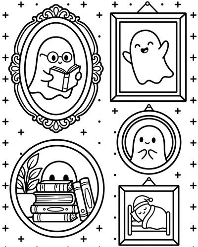 Collection of mismatched picture frames each with a cute ghost reading, resting or with books and a plant, Halloween coloring page