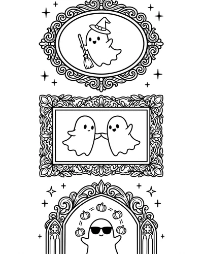 Framed ghosts including a witch ghost on a broom, two kissing ghosts and a sunglasses ghost juggling pumpkins, Halloween coloring page