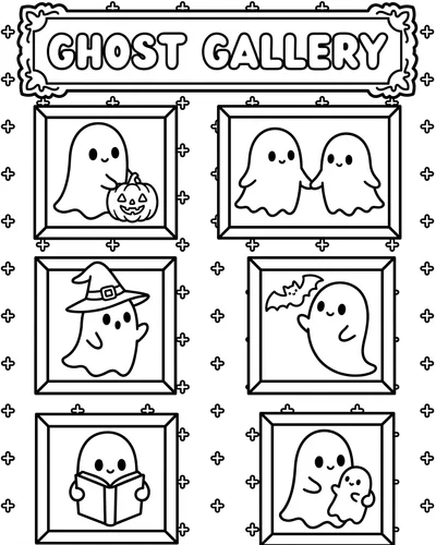 Six framed cute ghosts beneath a banner reading GHOST GALLERY in bubble letters, decorative Halloween coloring page to print
