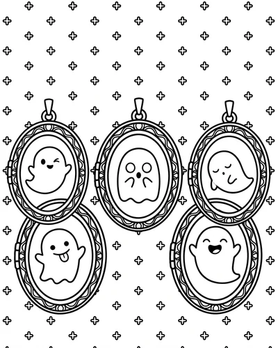 Row of oval locket cameos each framing a tiny cute ghost face with a different expression, printable Halloween coloring page