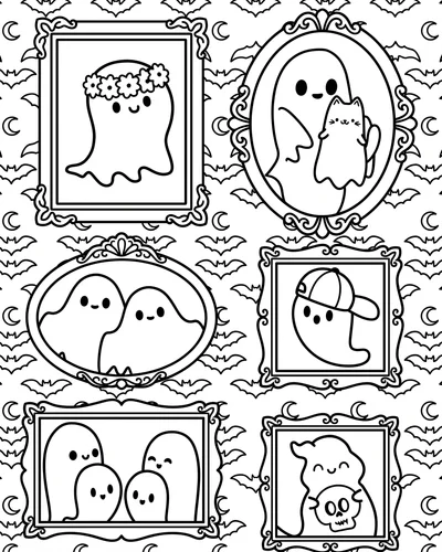 Gallery wall of framed portraits each holding a different cute ghost, flower-crown ghost, ghost with a cat, ghost family, Halloween coloring page