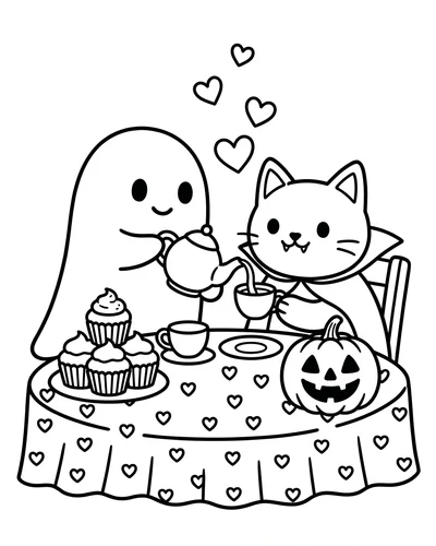 Cute ghost pouring tea for a cat at a round table with cupcakes and a carved pumpkin, hearts above, printable Halloween coloring page