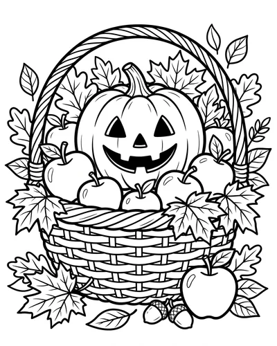 Carved pumpkin sitting in a wicker basket with apples, leaves and acorns, warm autumn harvest Halloween coloring page to print
