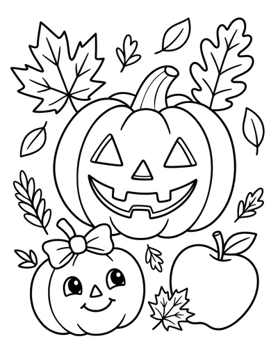 Smiling jack-o'-lantern beside a cute bow-topped pumpkin and an apple among falling autumn leaves, printable Halloween coloring page