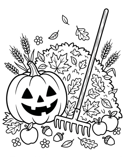 Cheerful pumpkin beside a leaf rake, a pile of fall leaves, wheat and apples, autumn harvest Halloween coloring page to print