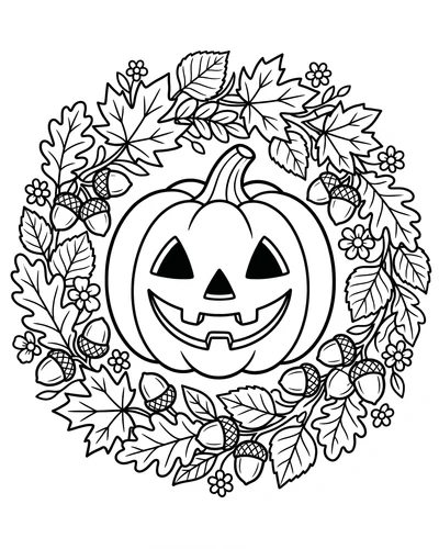 Smiling pumpkin in the center of a wreath made of fall leaves, acorns and small flowers, free printable Halloween coloring page