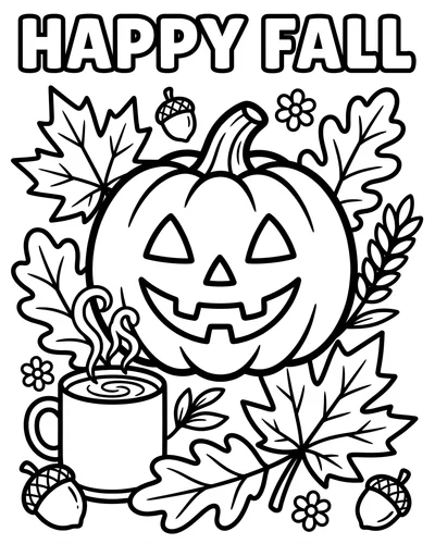 Smiling jack-o'-lantern with a steaming mug and autumn leaves under the title HAPPY FALL in bubble letters, Halloween coloring page
