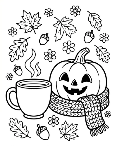 Jack-o'-lantern wearing a knitted scarf beside a steaming mug with leaves drifting around, cozy printable Halloween coloring page