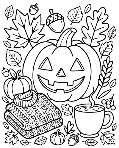 Jack-o'-lantern with a cozy sweater, a pumpkin-spice mug and autumn leaves, comforting printable Halloween coloring page
